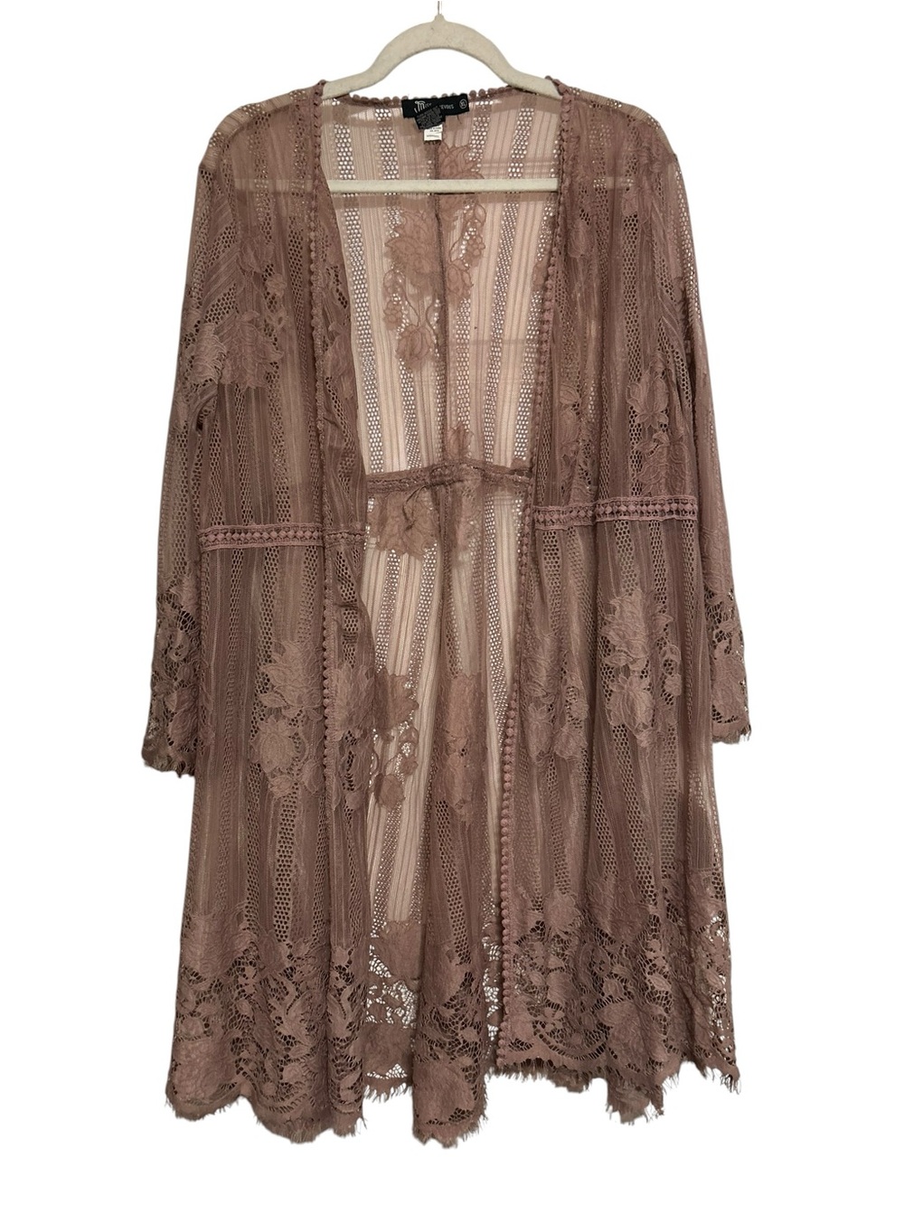Miss Chievous Boho Lace Kimono Duster Sheer Floral Open Front Dusty Rose Size XL